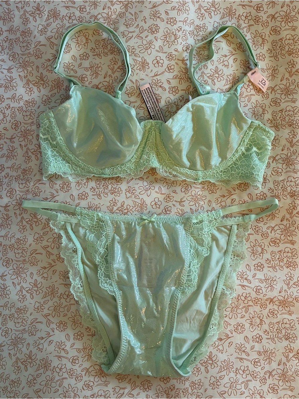 Victoria's Secret Mint Shimmer Lace Bra & Bikini Set